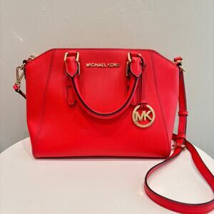 Michael Kors Ciara Medium Saffiano Leather Satchel Crossbody Bag Bright Red Pink